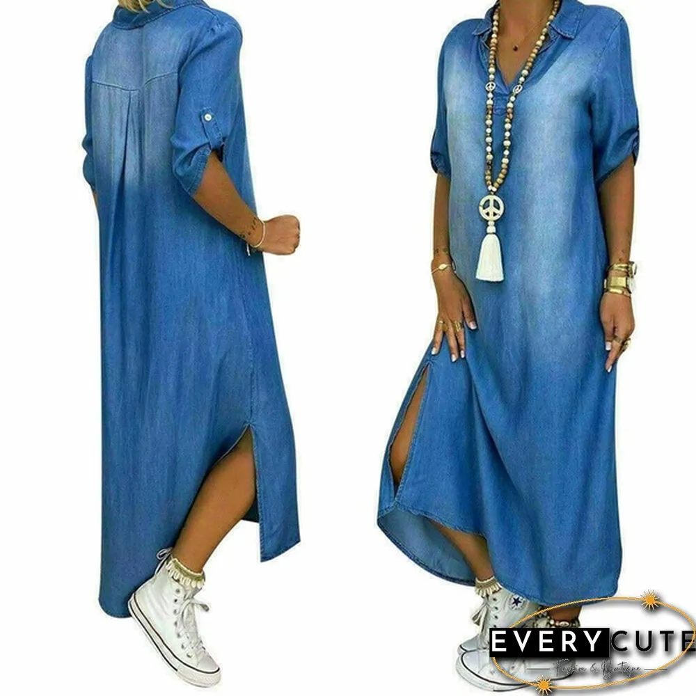 Plus Size Womens Casual Denim Long Maxi Dress Ladies Summer Loose Jeans Sundress