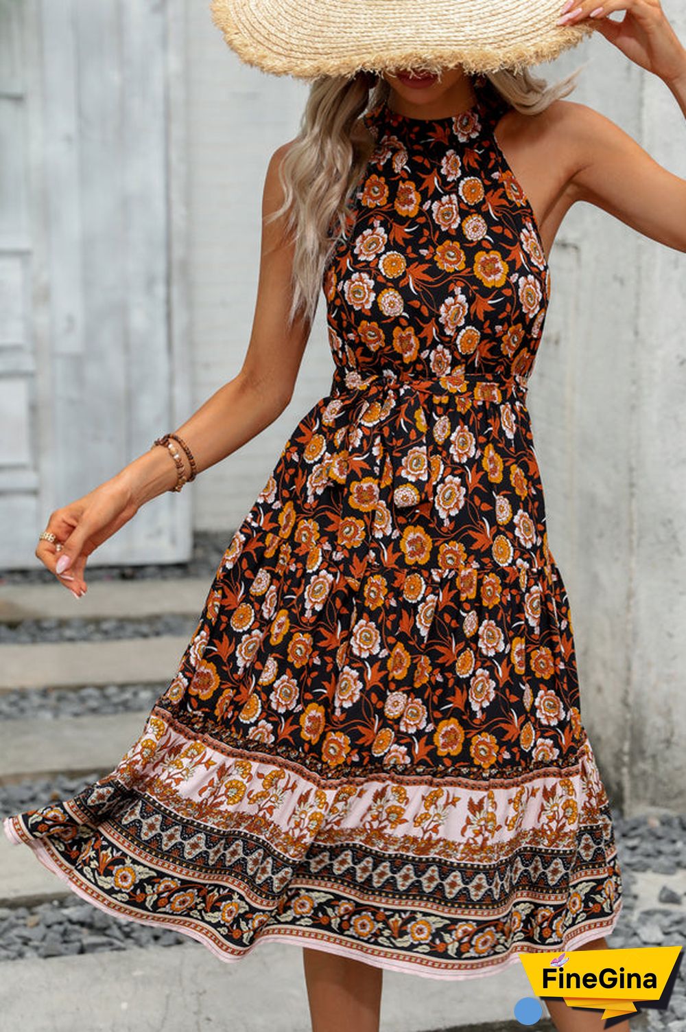 Halter Neck Tie Waist Floral Print Casual Dress