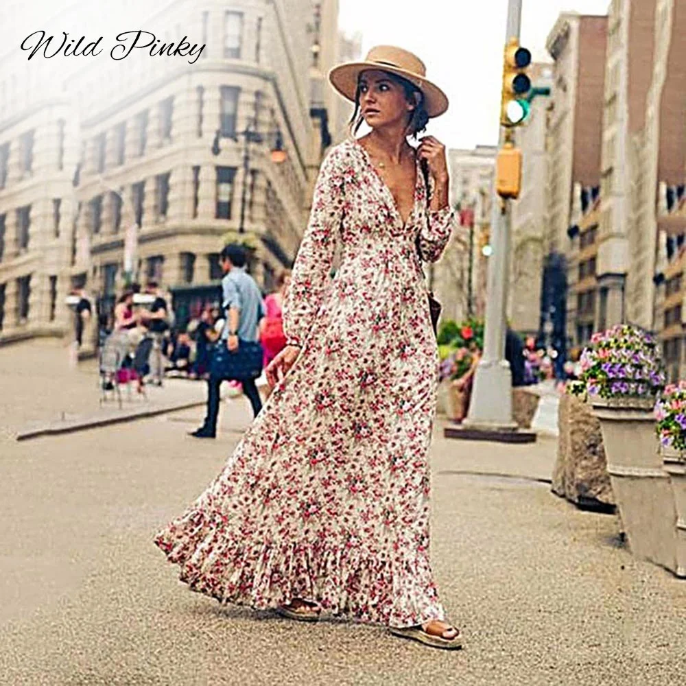 WildPinky Long Sleeve Floral Print Dress Women Beach Vintage Maxi Dresses Boho Casual Deep V Neck Ruffles Draped Dress Vestidos