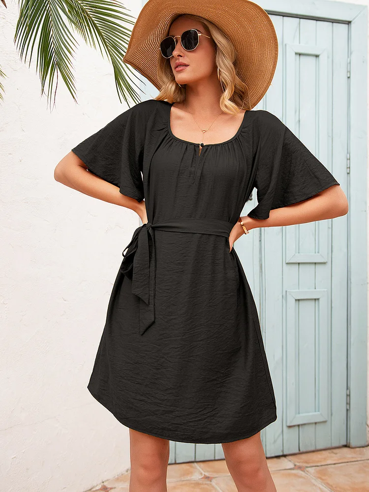 Women Elegant Short Sleeve O-Neck Knee-Length Loose Waist A-line Casual Dresses