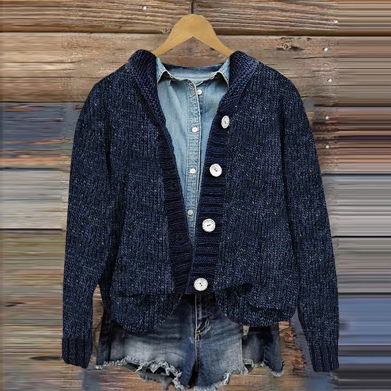 Vintage Solid Button Hooded Knitted Cardigan