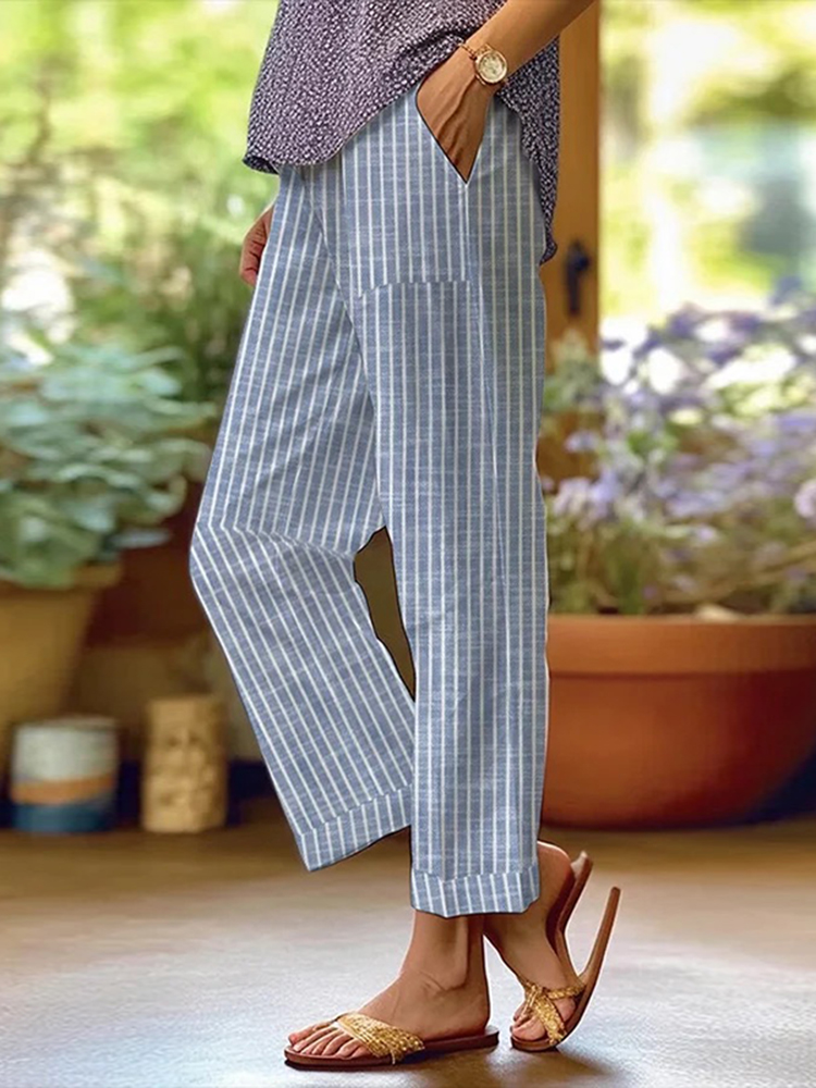 Comstylish Women's Retro Striped Design Loose Pocket Patchwork Linen Casual Pants