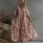 Women's Retro Floral Art Flowy Linen Blend Casual Long Sleeve Maxi Dress - Image 2