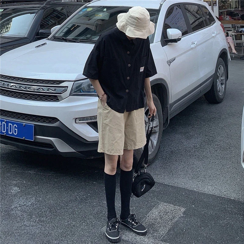 Women Blouses Half-sleeve Turn-dpwn Collar Solid Summer Pockets BF Streetwear Students Loose Chic All-match Vintage Tops Shirts