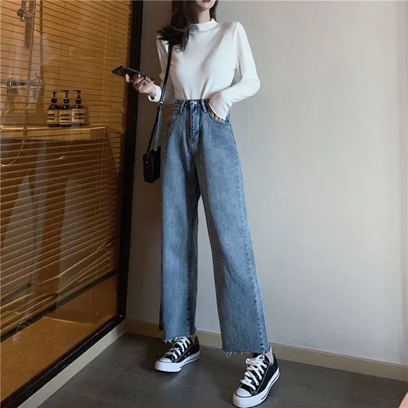 Jeans Women Loose Korean Style High Waisted Harajuku Ladies Wide Leg Denim Trousers Full-length Fashion Streetwear All-match