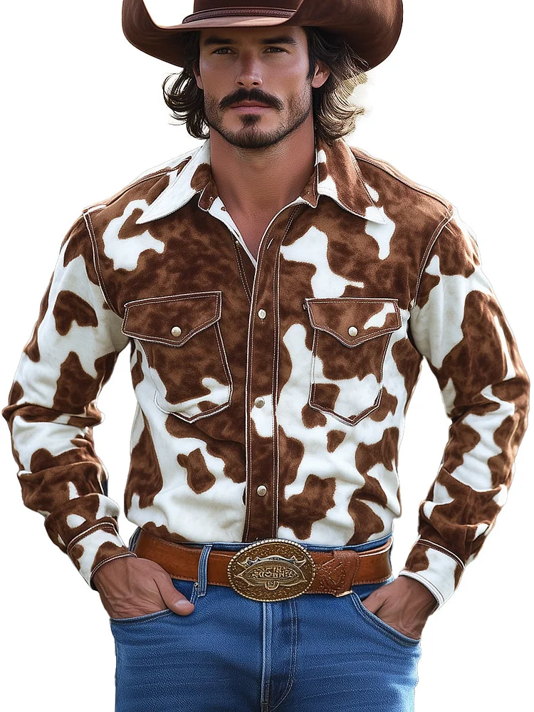 Vintage Cow Print Suede Long Sleeve Shirt