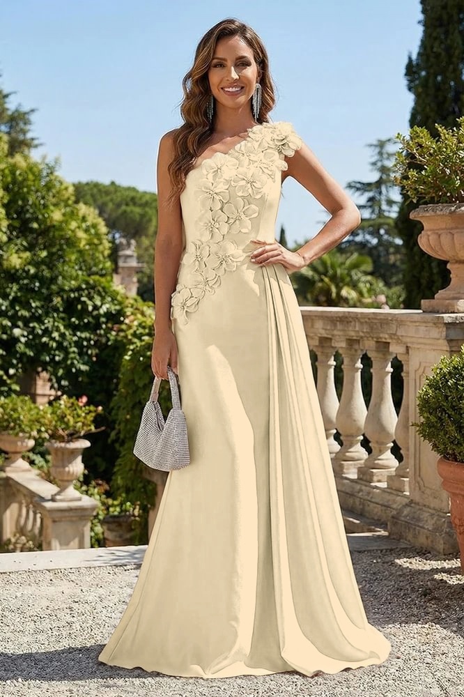 Daisda Pink One Shoulder Evening Dress in Satin with Flower and Side Train