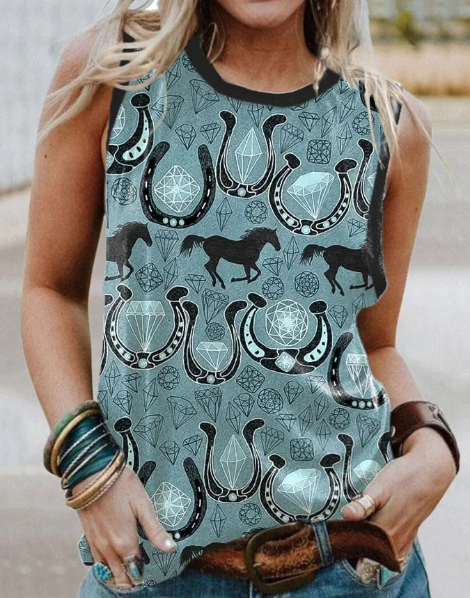 Women's Western Vintage Print Crewneck Sleeveless Tank Top