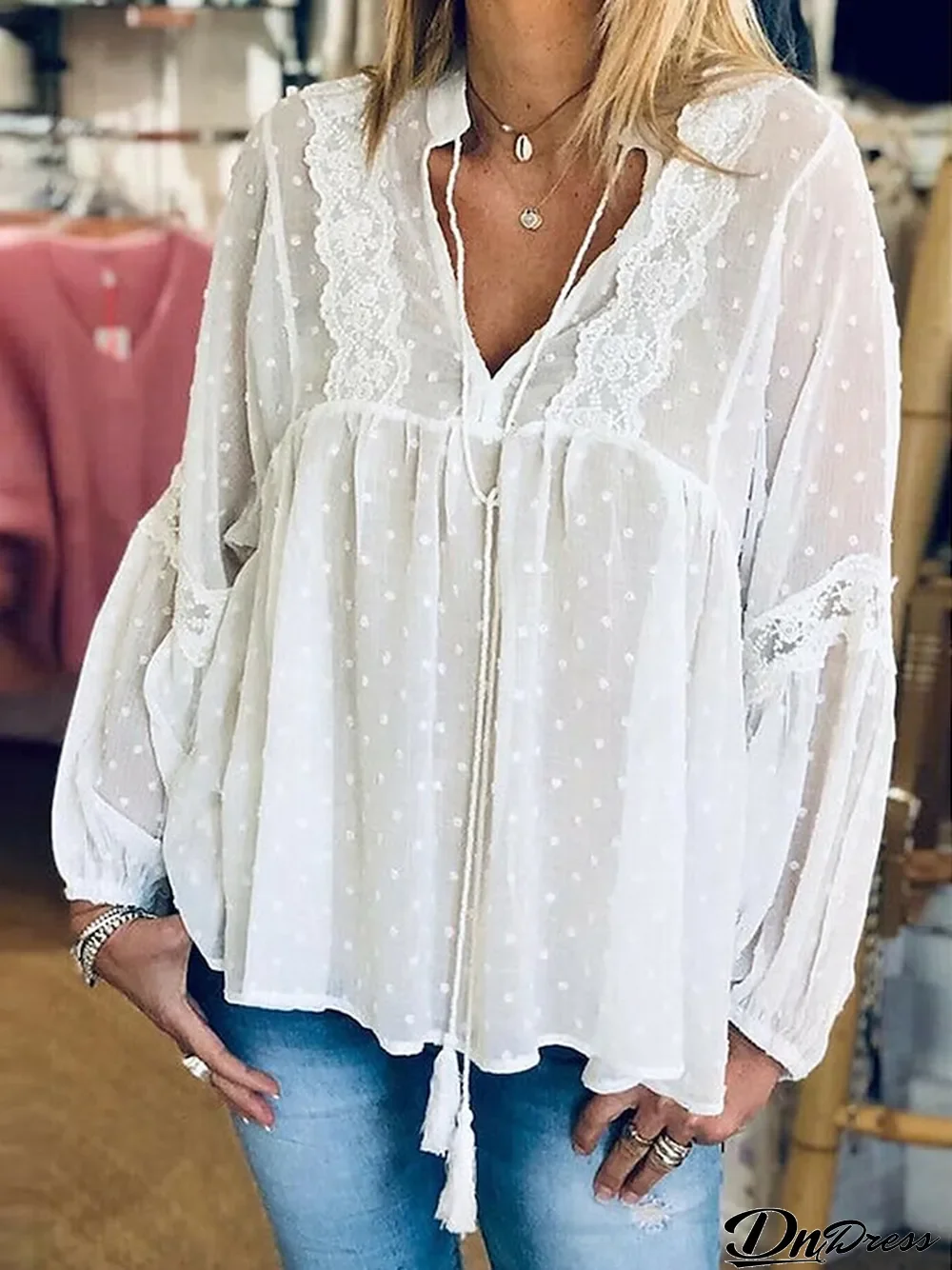Women's Shirt Blouse Plain Casual White Patchwork Tassel Long Sleeve Fashion Modern V Neck Regular Fit Summer Spring