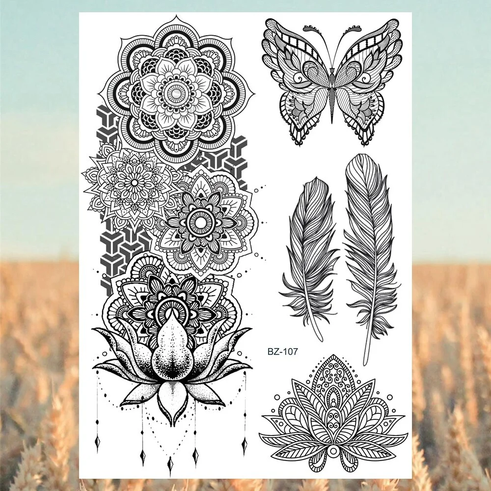 Sdrawing Black Skull Rose Flower Back Temporary Tattoos For Women Men Halloween Compass Round Fake Tattoo Sticker Skeleton