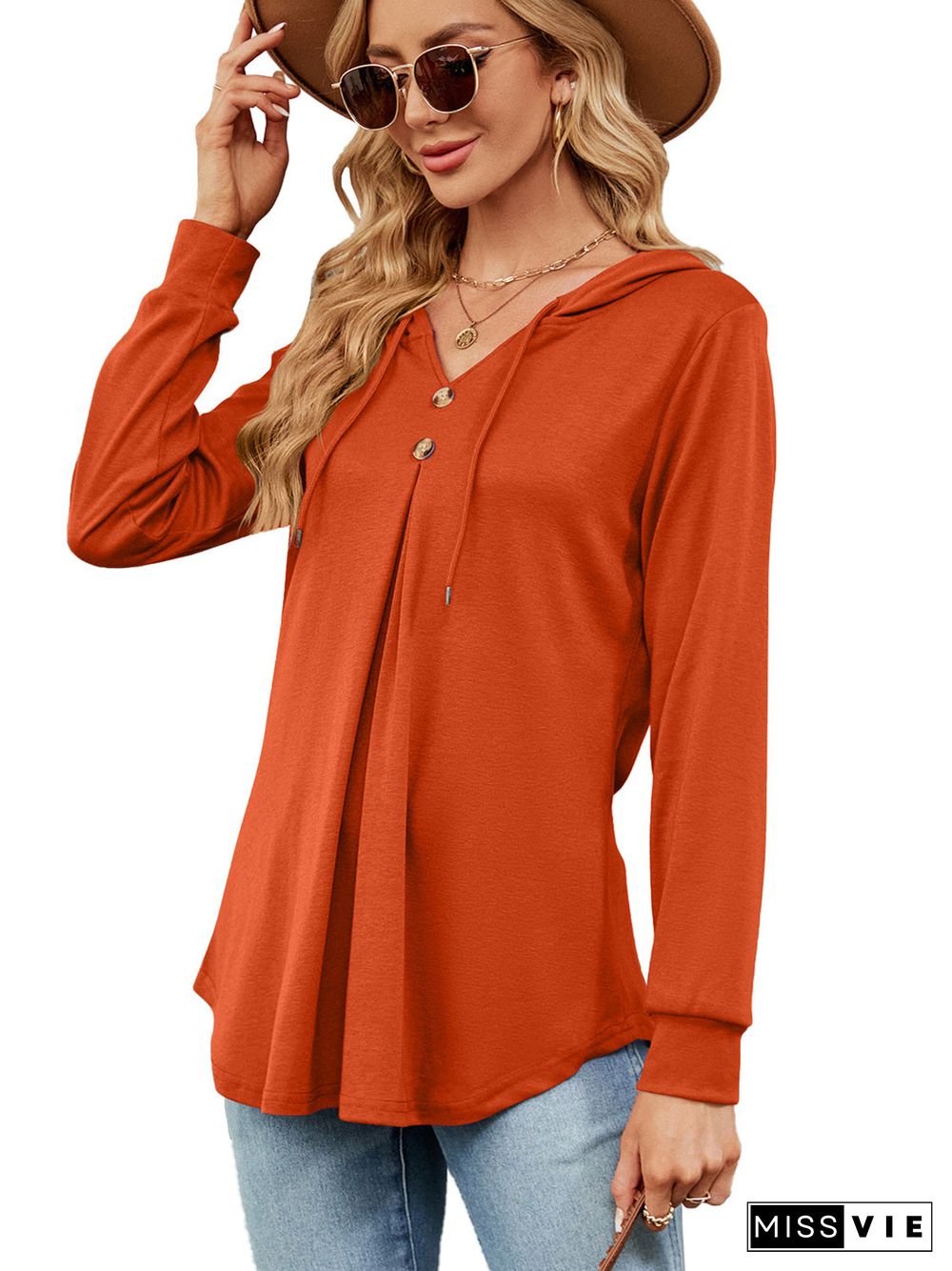 Women's Button V-Neck Long Sleeved Top