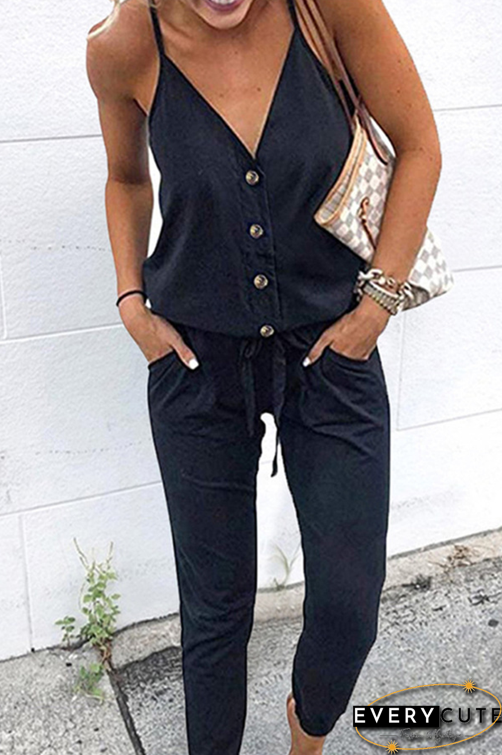 Elegant Solid Buttons With Belt V Neck Loose Jumpsuits
