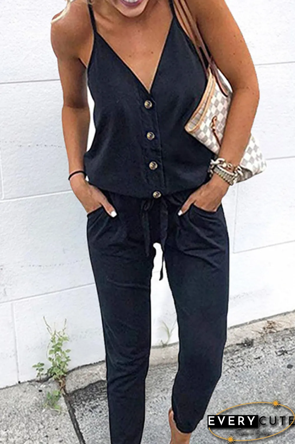 Elegant Solid Buttons With Belt V Neck Loose Jumpsuits