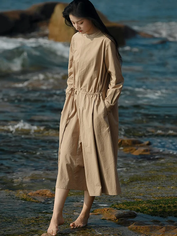 Casual Long Sleeves Loose Tied Asymmetric Solid Color Stand Collar Midi Dresses