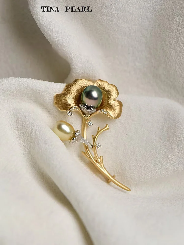 2025 TINA Jewelry18k gold + sea Tahiti + gold pearl flower brooch