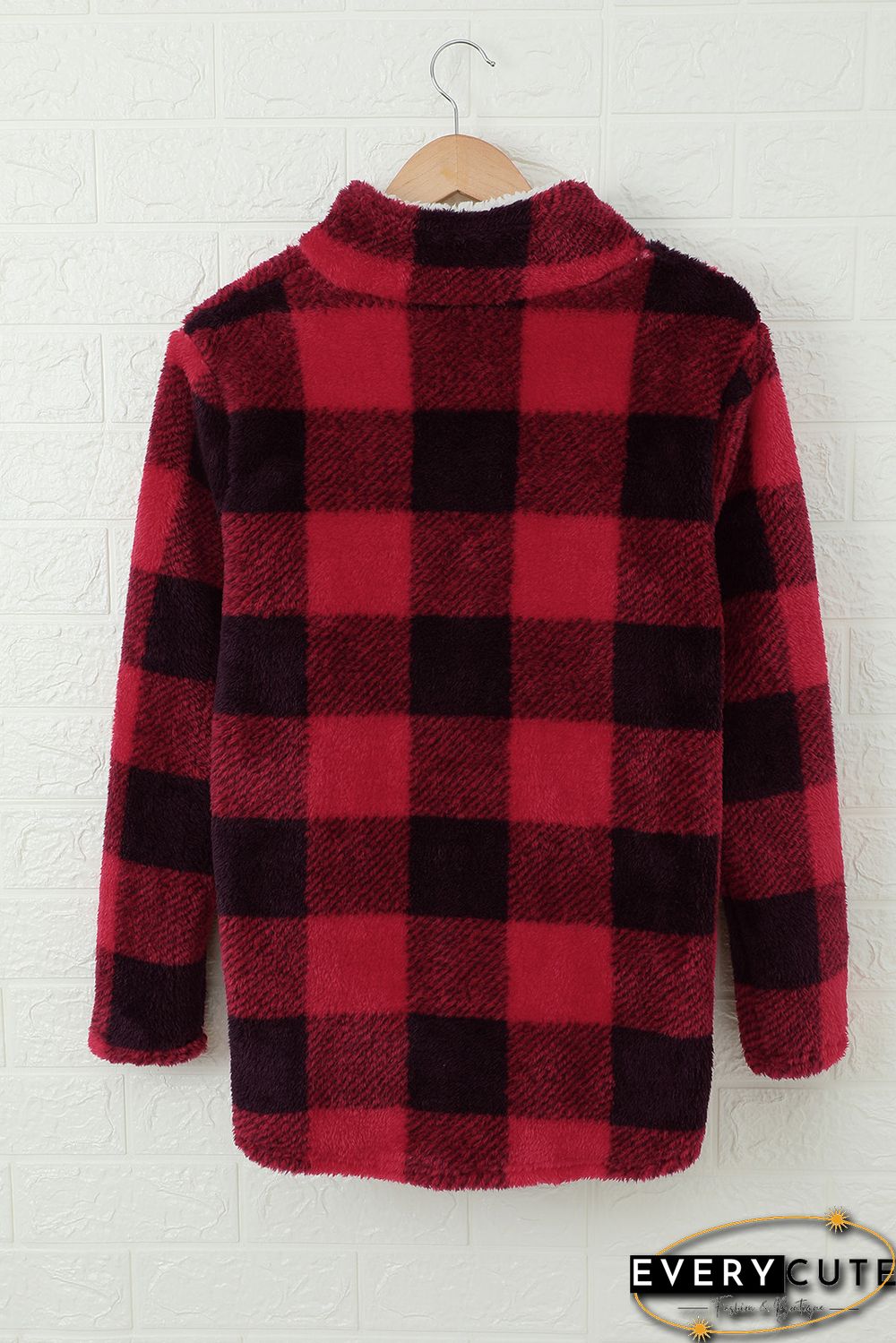 Red Plaid Sherpa Fleece Sweatshirt with Sequin Pocket