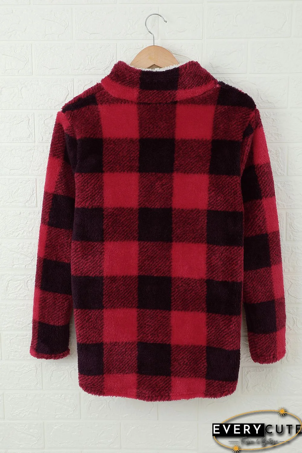 Red Plaid Sherpa Fleece Sweatshirt with Sequin Pocket