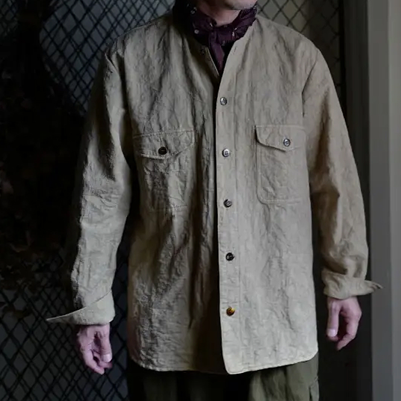 Men's Vintage Cotton and Linen Khaki Collarless Shirt