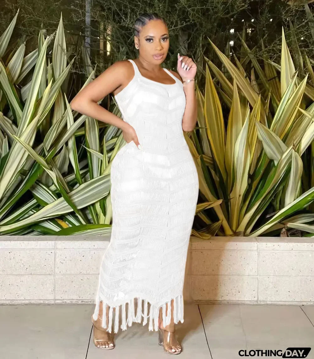 Sexy Knitted Tassel Sleeveless Seaside Maxi Dress