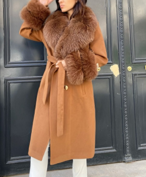 Stylish Wool coat, Cashmere winter coat with Real Fox Fur, Removable furs coat, Brown wool long coat, warm coat, plus size coat 140