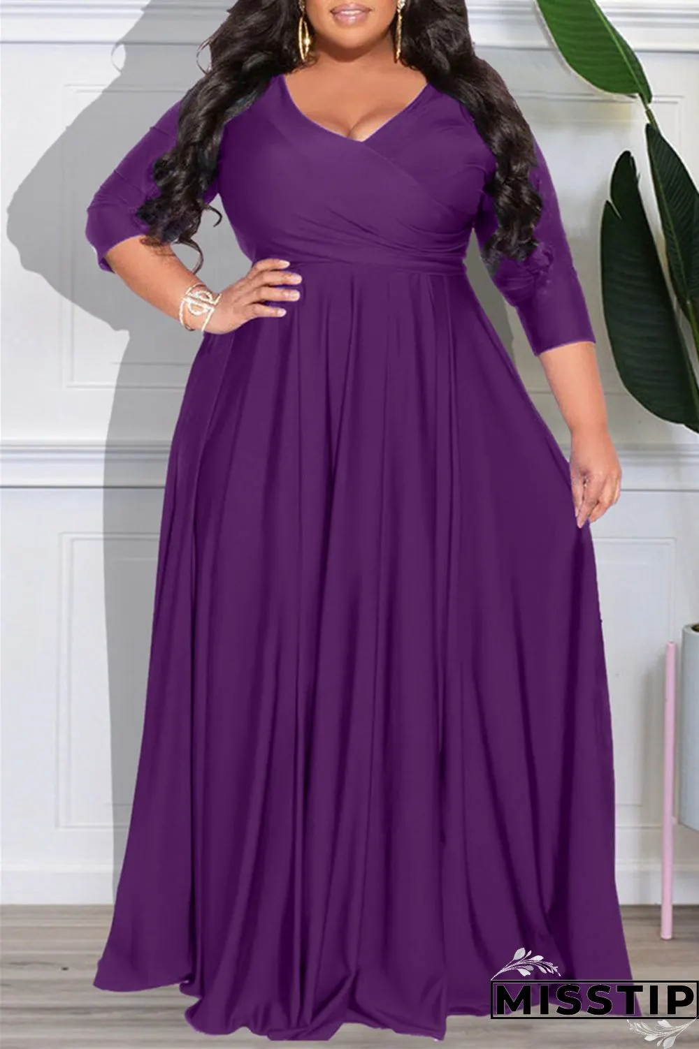 Dark Purple Casual Solid Patchwork V Neck Long Sleeve Plus Size Dresses