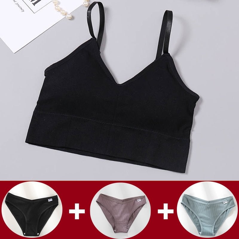 Tank Crop Top Bra + 3PCS Panties Set Fashion Solid Color Bra Set for Women Intimates Underwear Female Lingerie Casual Bralette