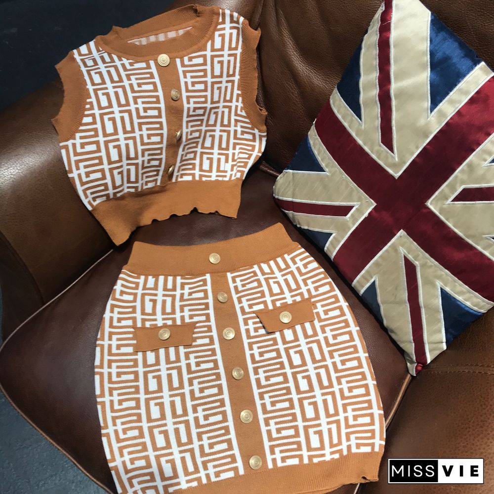 Geometric Knitted Vest Crop Tops Two Piece Skirt Sets