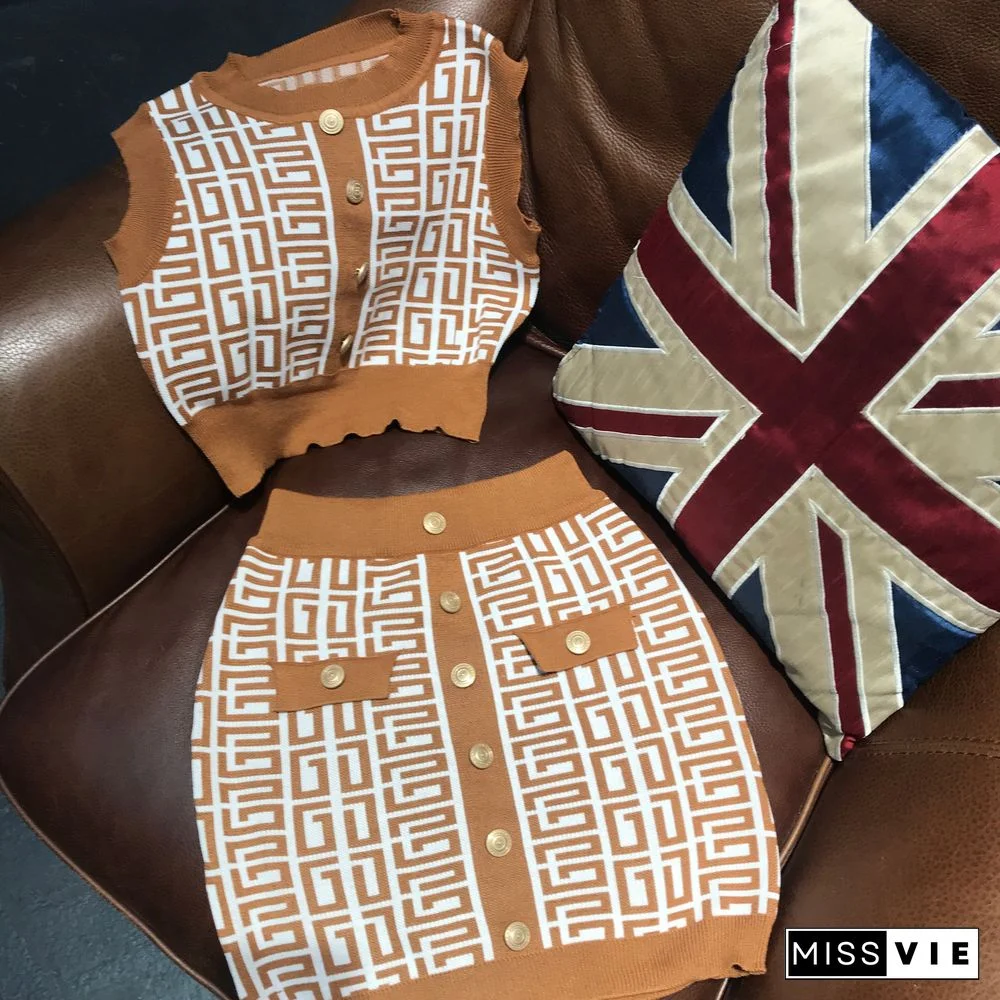 Geometric Knitted Vest Crop Tops Two Piece Skirt Sets