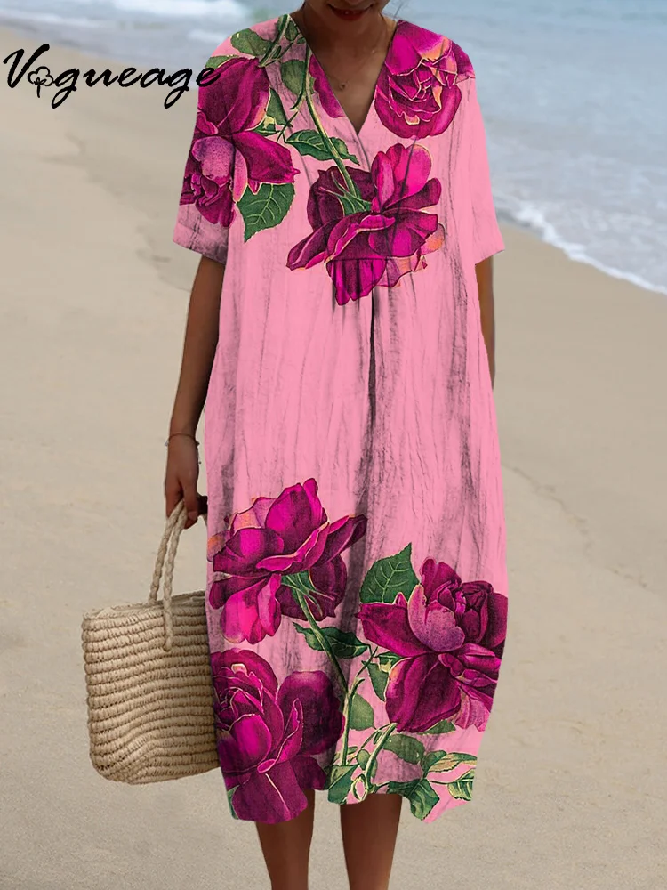 Simple Gentle And Bright Flowers Printed Women's Casual Cotton And Linen Dress