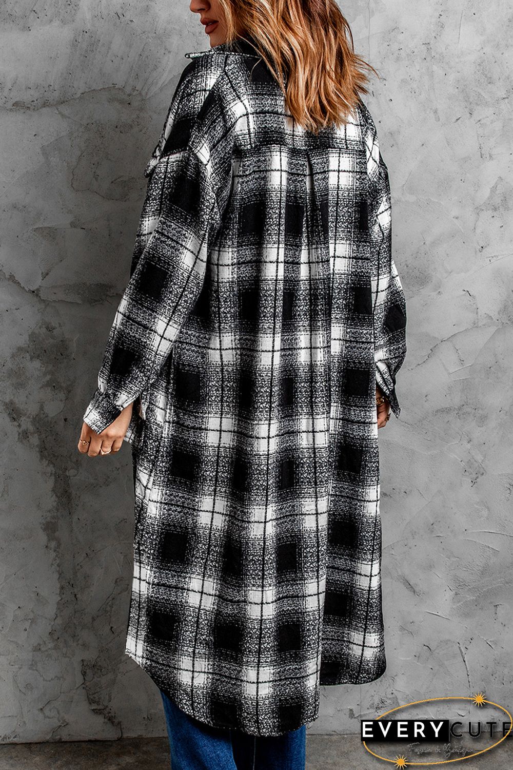 Black Plaid Print Buttoned Pocketed Long Sleeve Long Coat