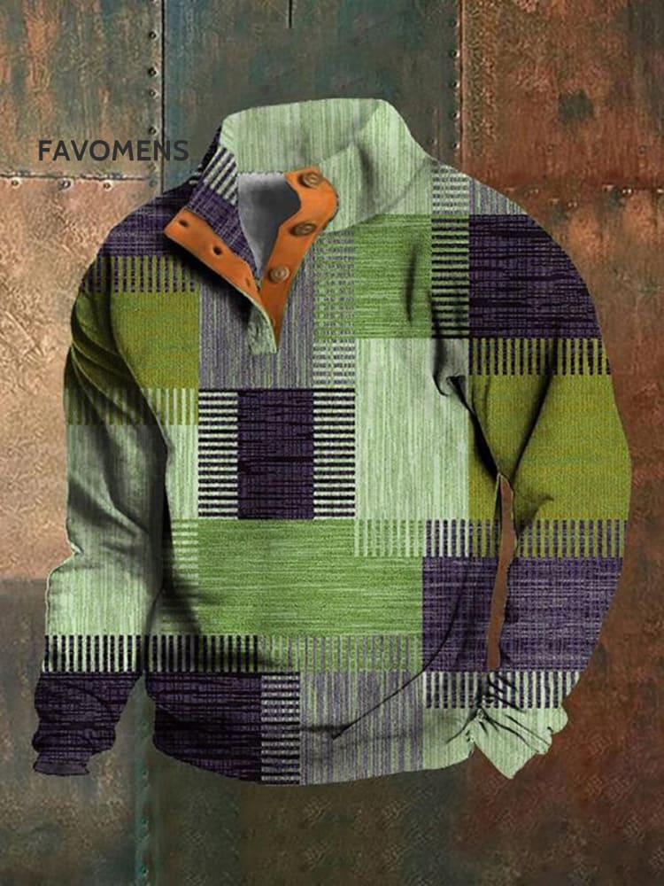 Retro Leisure 3D Digital Printed Stand Collar Polo Sweatshirt Green / S