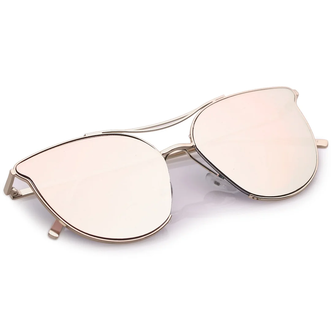 Modern Metal Cat Eye glasses With Double Nose Bridge Round Pink Flat Lens 55mm