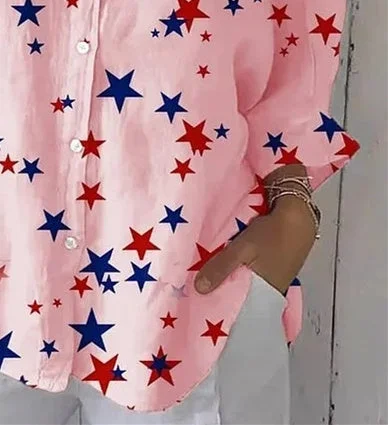 Women 3/4 Sleeve Shirt Collar Star Printed Graphic Button Tops