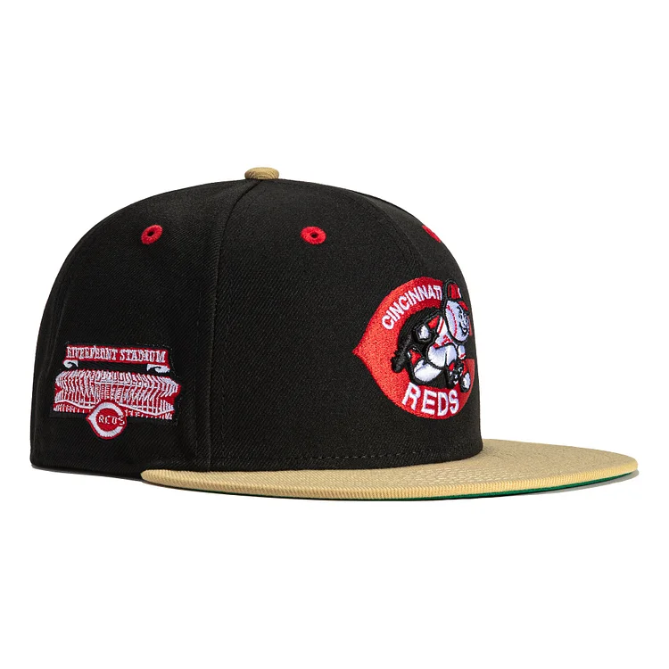 Exclusive New Era 59Fifty Big Easy Cincinnati Reds River Front Stadium Patch Hat- Black, Tan QueenFunky