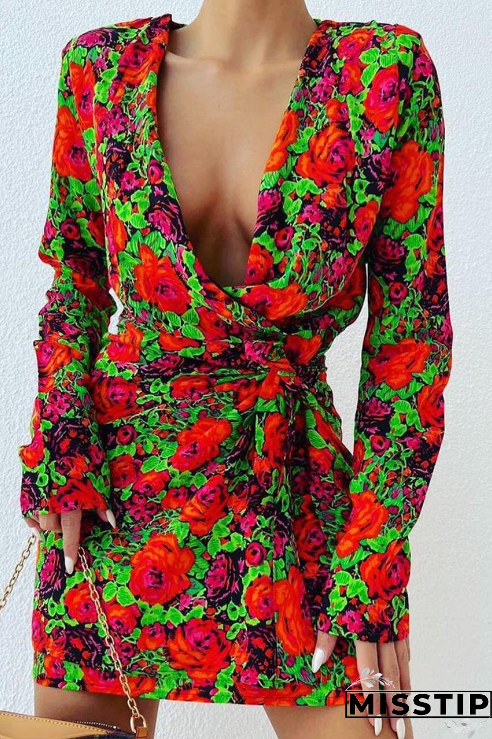 Red Casual Print Patchwork V Neck Long Sleeve Dresses
