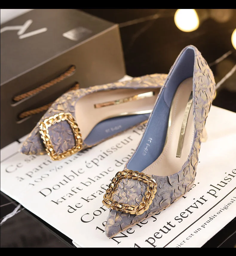 Qengg Women's Shoes Spring 2022 Korean Metal High Heels Stiletto Pumps Beige Shallow Mouth Square Buckle Woman Dress Working Shoes