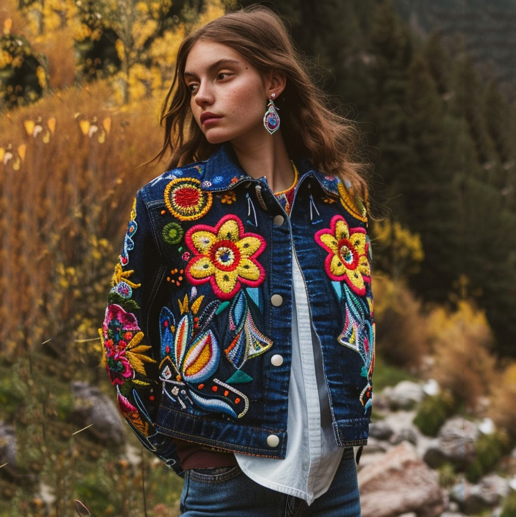 Comstylish Women's Floral Embroidery Art Print Denim Jacket