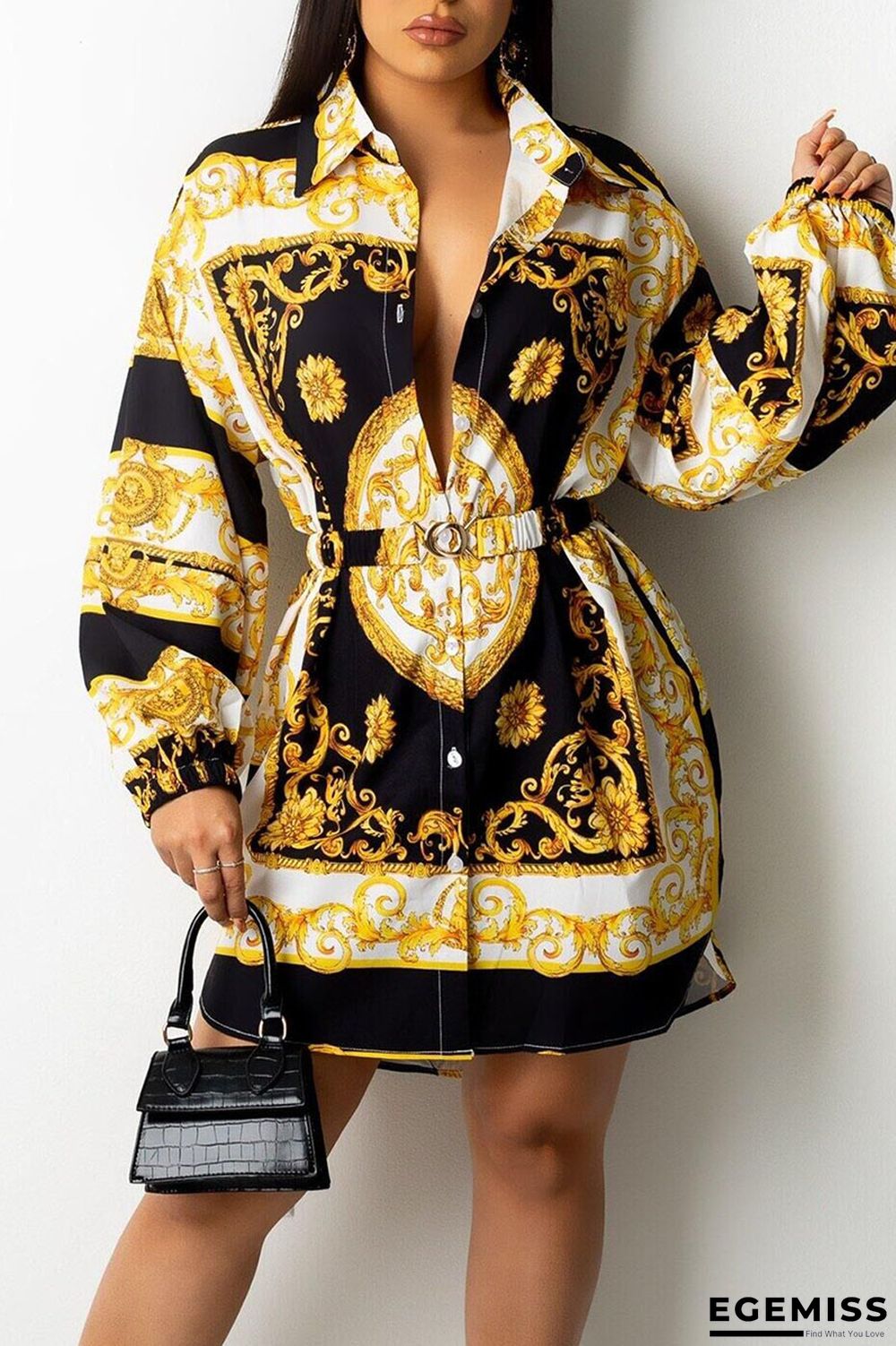 Black Yellow Casual Print Patchwork Buckle With Belt Turndown Collar Shirt Dress Dresses | EGEMISS