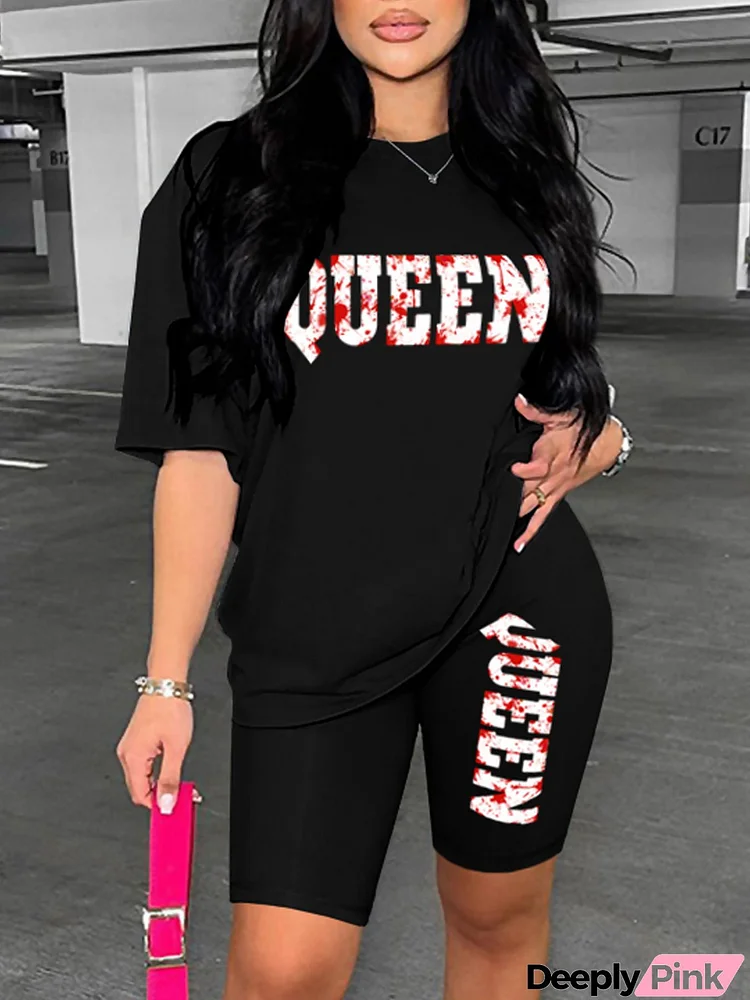 Athleisure Fashion Casual Letter Queen Printed Women Short Sleeve T-Shirt Shorts Two-Piece Set