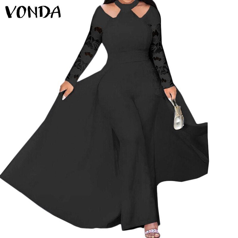 Women Long Sleeve Jumpsuits Wide Leg Pants 2022 VONDA Summer Lace Patchwork Playsuits Elegant Party Palazzo Pants Pantalon Femme
