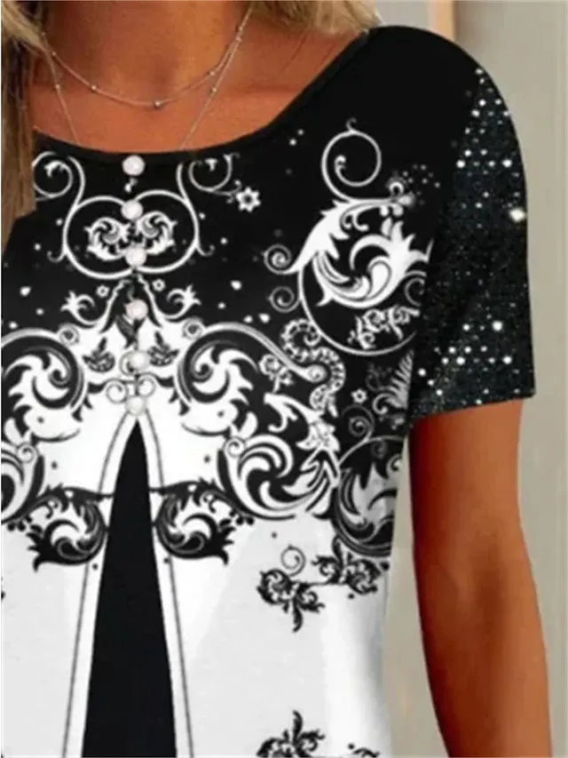 Blouse Black Yellow Pink Graphic Print Half Sleeve Casual Basic Round-neck Regular