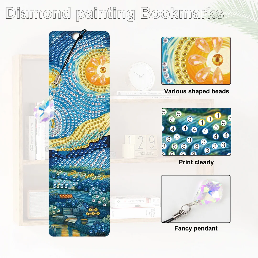 4Pcs Starry Night View DIY Diamond Bookmark Art Projects Irregular Shaped Diamonds Diamond Painting Art Bookmarks with Crystal Pendants for DIY Making Beginners Adult Art Craft Supplies