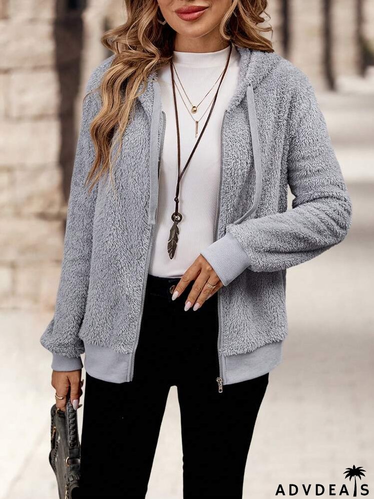 Casual Solid Color Fuzzy Drawstring Hoodie, Autumn & Winter
