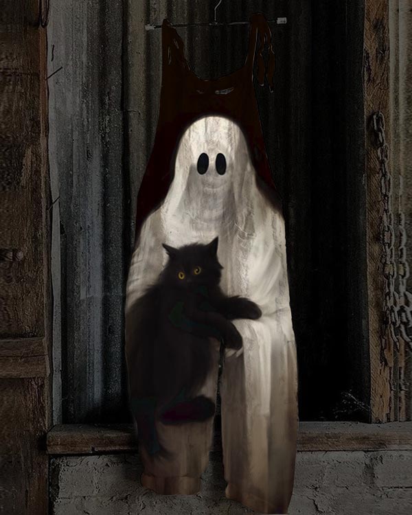 Women's Spooky Print Jumpsuit Hugging A Cat