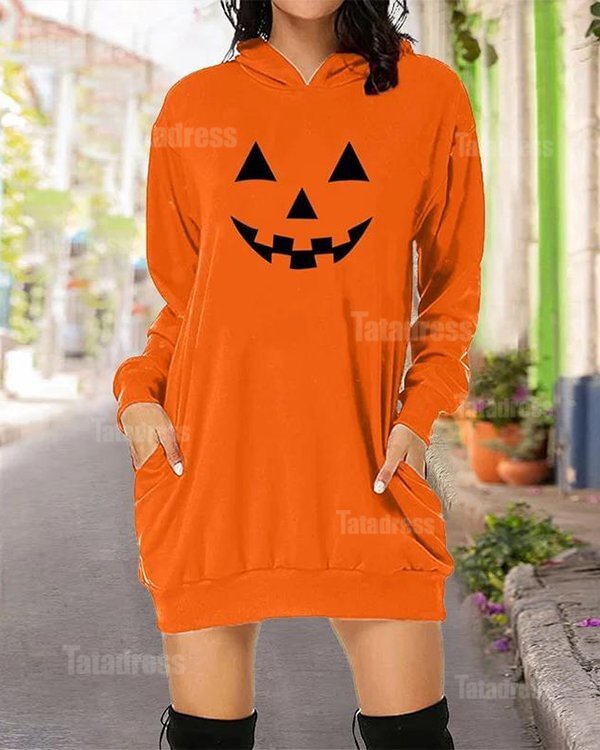 Smiley Print Hooded Long Sweatshirt