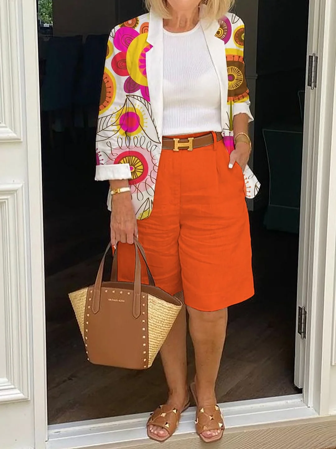Colored pattern outerwear&shorts set