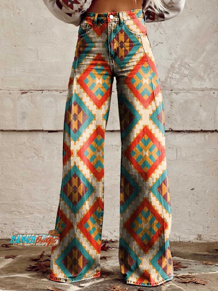 Women’s Aztec Print Casual Wide Leg Pants Multicolor / S