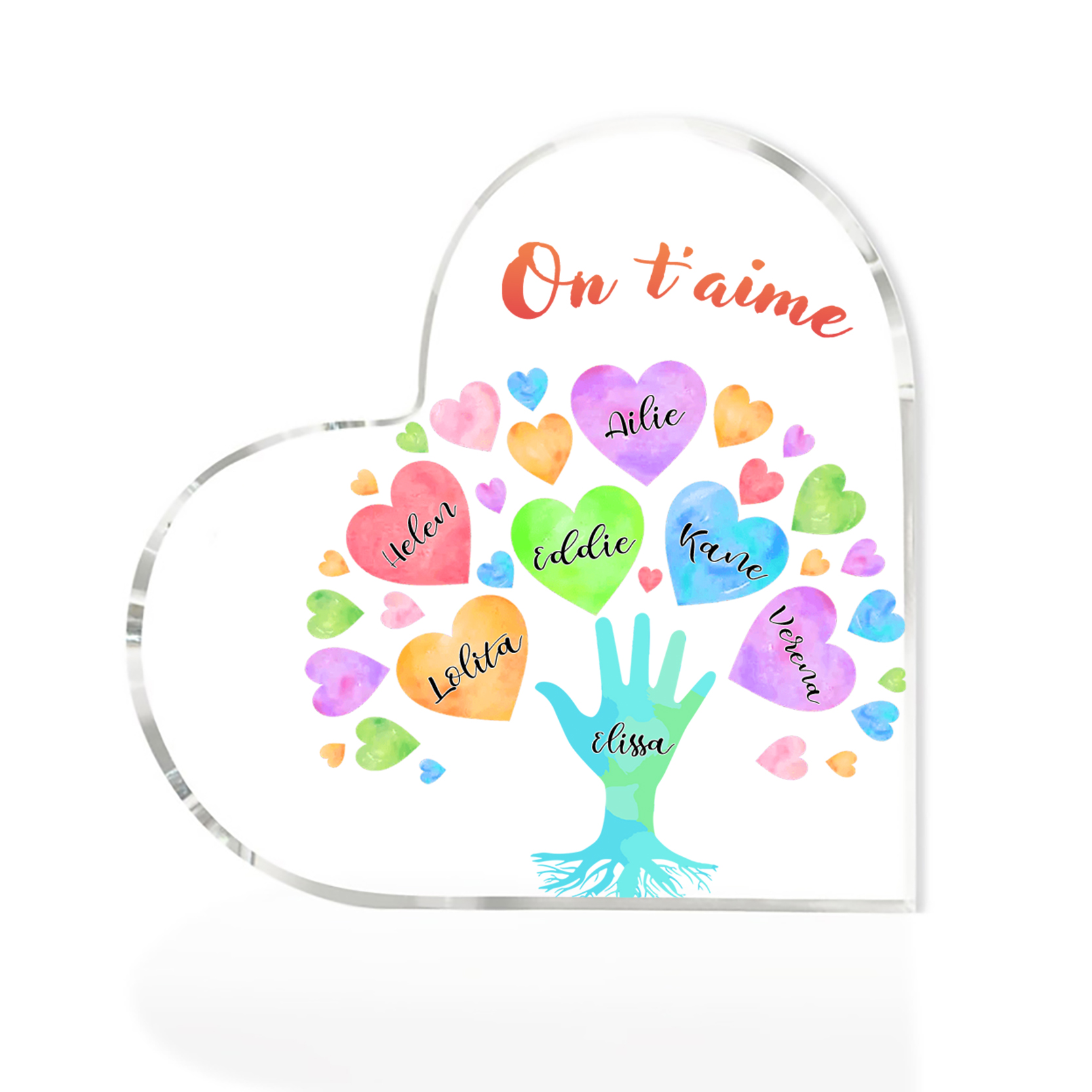 Plaque Acrylique en Forme de Cœur 7 Prénoms Personnalisés avec Texte pour Famille