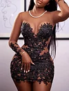 Sexy Long Sleeve See-Through Shiny Jacquard Round-Neck Evening Mini Dress