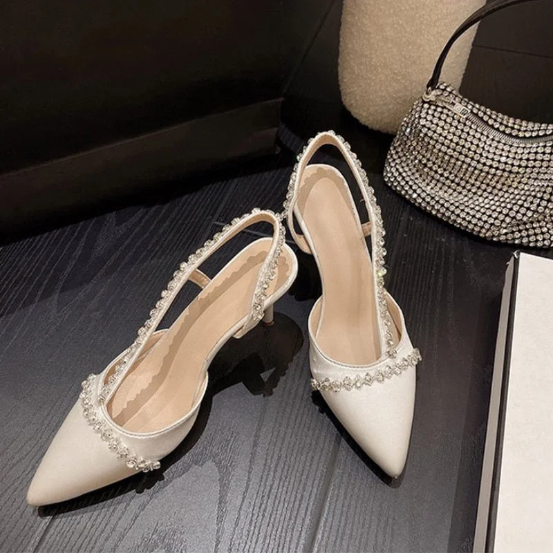 Women Sandals New 2022 Summer Pointed Toe Fashion Rhinestone Chain Female Pumps Thin High Heels Solid Elegant Ladies Shoes